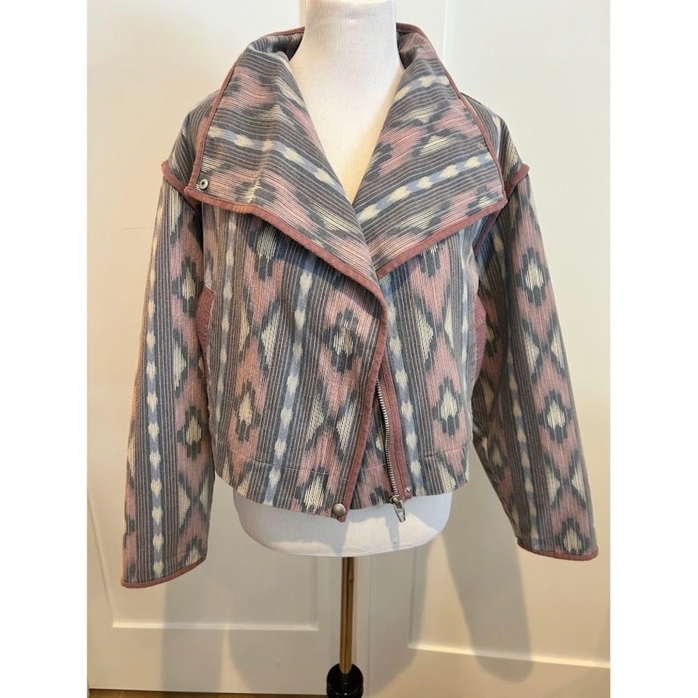 Cropped Geometric Print Jacket Moto Style Collar Pink‎ Gray Blue Women's Medium